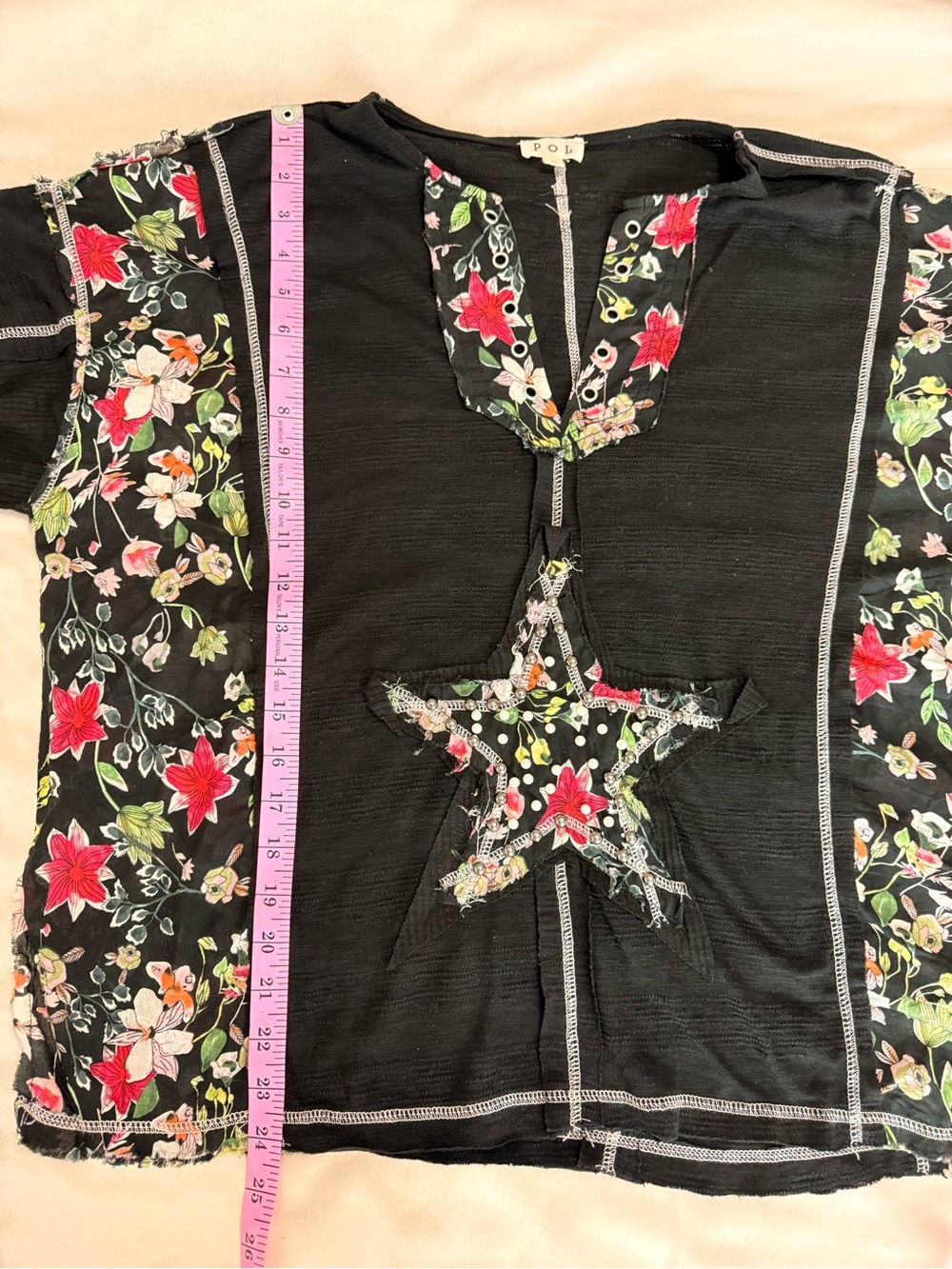 POL Patchwork Bohemian Boho Black Floral Star Pullover Top Size Small - Picture 11 of 11